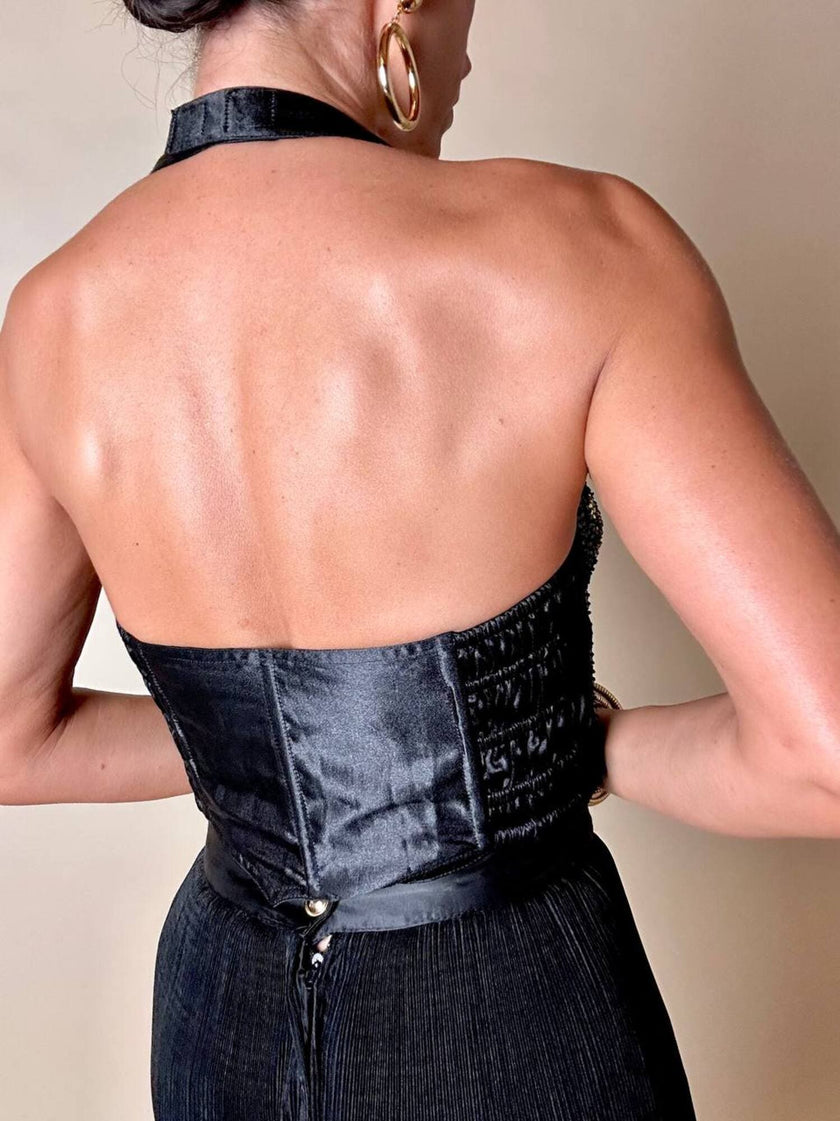 Schwarzes Satin-Bustier, bestickt mit schwarzen Pailletten mit mehrfarbigen Details