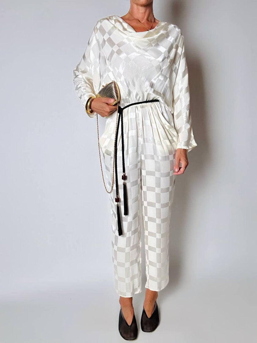 Jumpsuit vintage Spengler Mode in viscosa jacquard avorio con scollo drappeggiato
