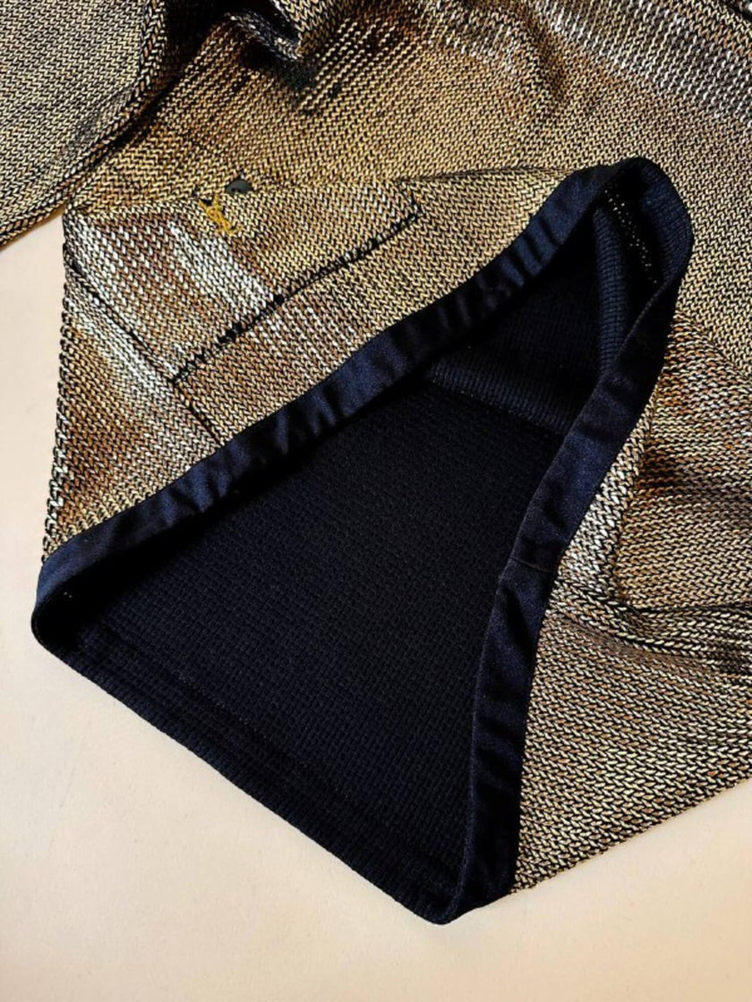 Mini dress oro in tessuto operato con profili neri in raso nero  “Yves Saint Laurent”
