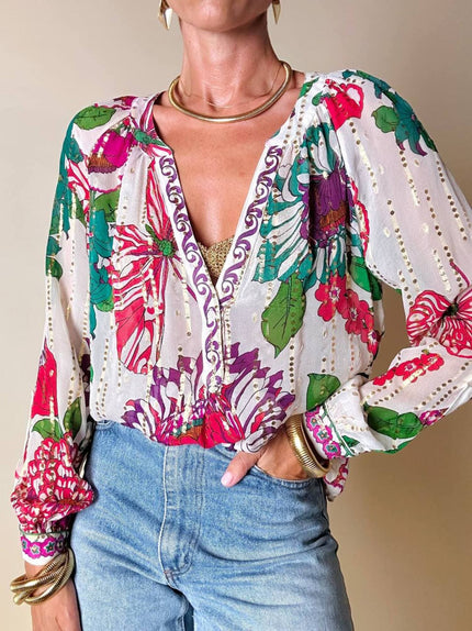 Blusa in seta bianca Jacquard fantasia floreale multicolor “Hale Bob”