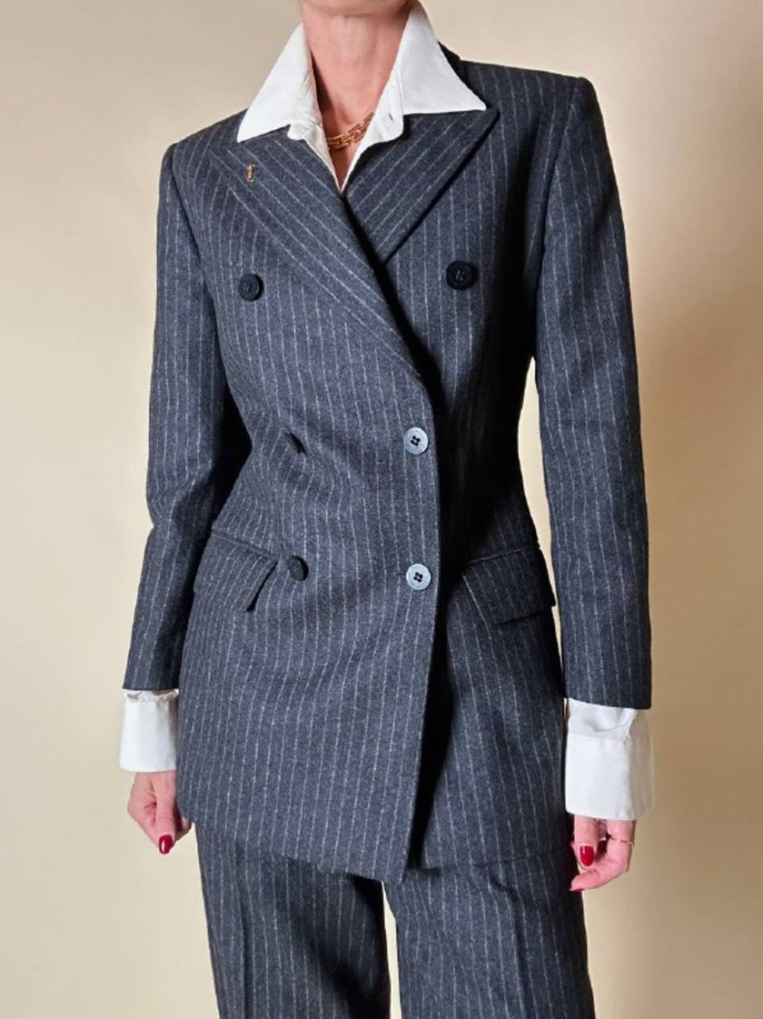 Tailleur gessato giacca/pantalone in lana grigio antracite “Antonio Fusco”