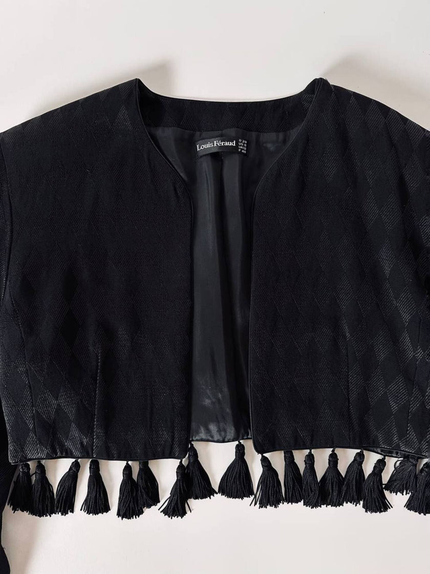 Spencer vintage Louis Féraud in tessuto jacquard nero operato a losanghe e nappine