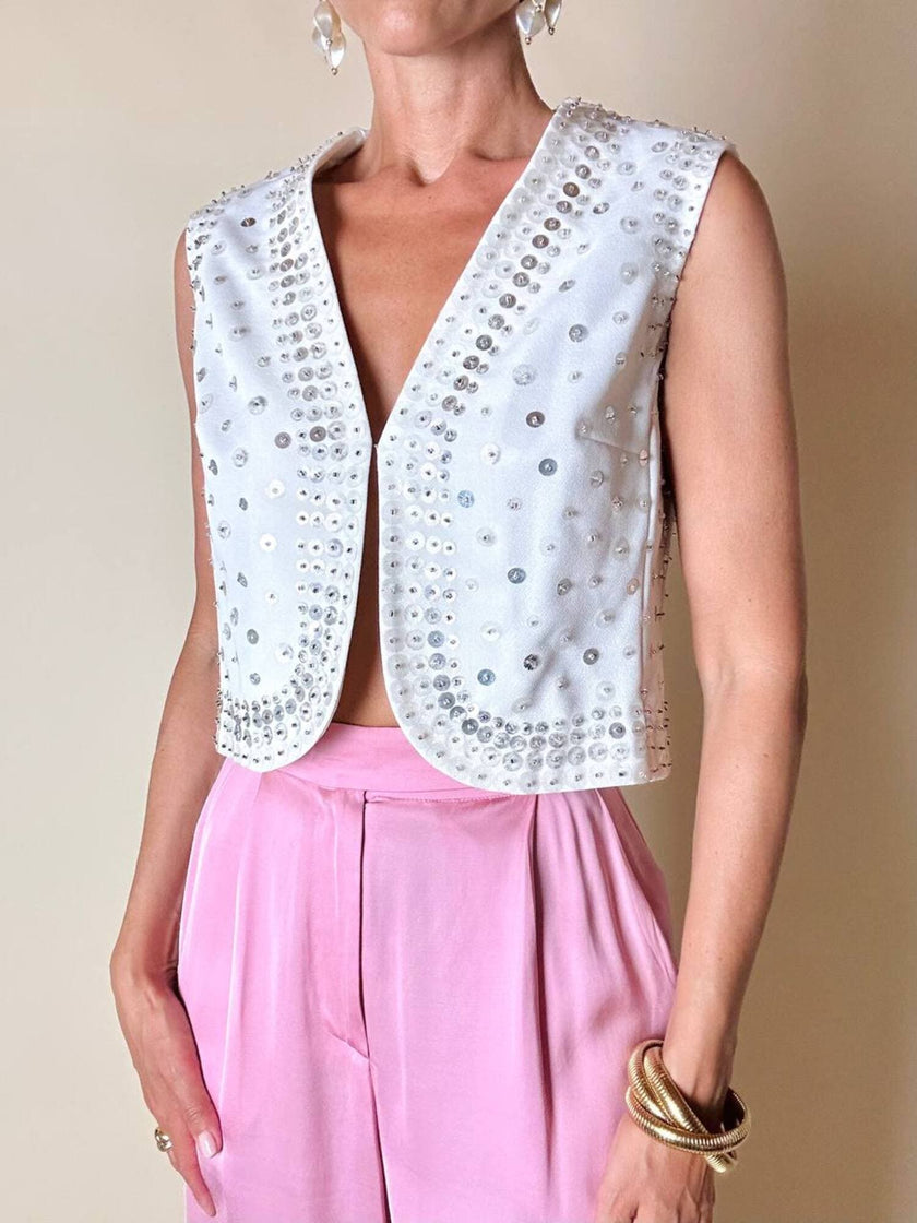 Gilet in crêpe bianco con paillettes ricamate “Brunella Mode”