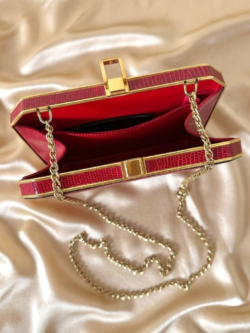 Borsa vintage Sgargi forma ottagonale in lizard rossa con tracolla in catena