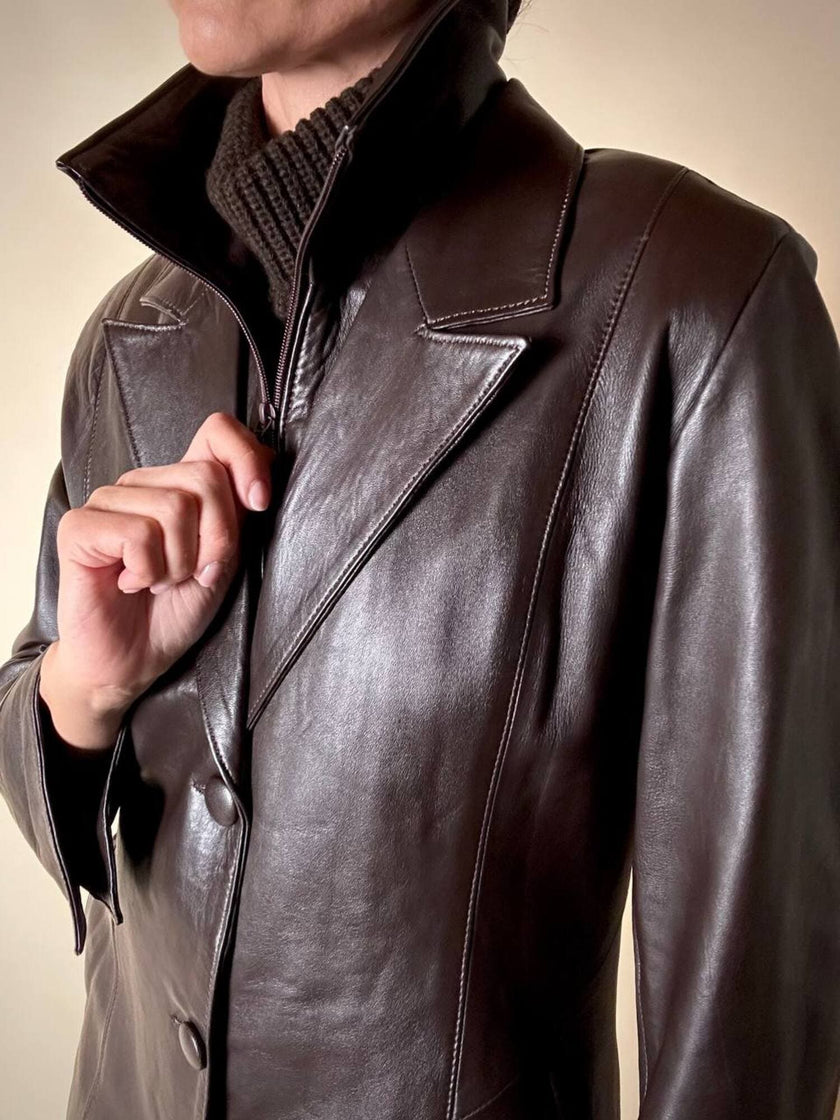 Dunkelbraune Vintage-Lederjacke mit integrierter Weste