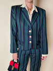 Witty Girl ensemble in bottle green and midnight blue vertical-striped wool jersey