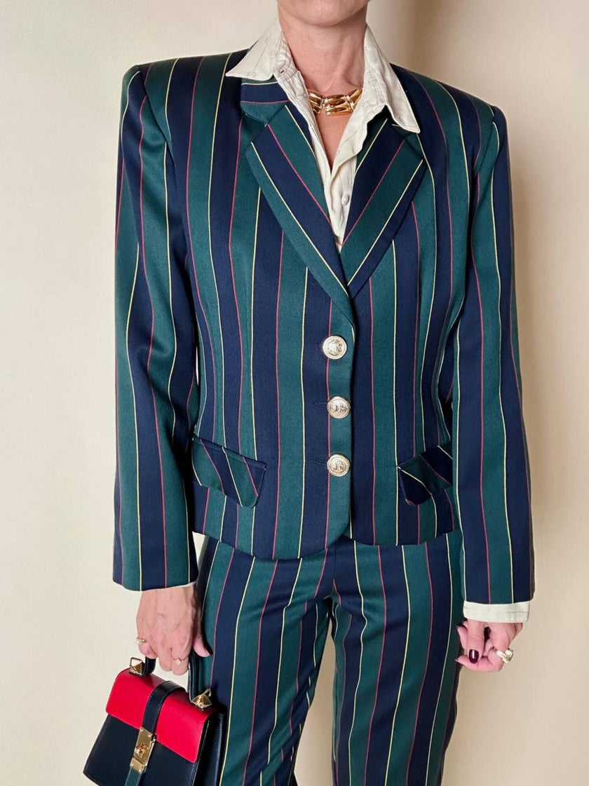 Witty Girl ensemble in bottle green and midnight blue vertical-striped wool jersey
