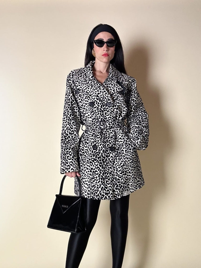 Giaccone vintage Fendissime in ecopelle bianca fantasia leopardo floccata nera