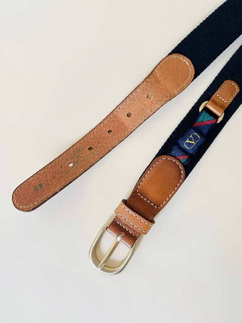 Cintura Valentino Garavani in pelle cuoio e tessuto con ribbons regimental logati