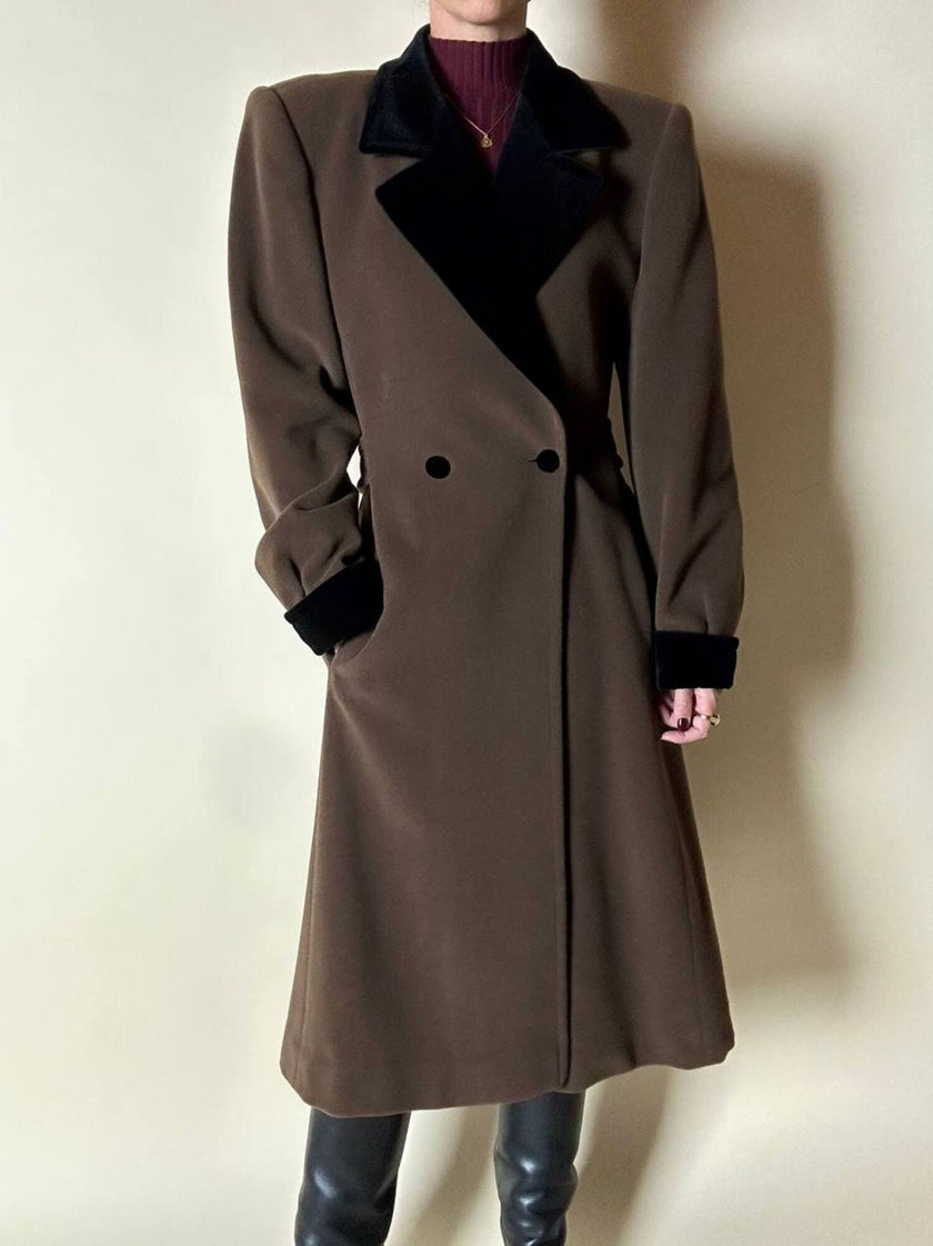 Alex & Tris green-brown wool double-breasted coat with martingale and black velvet trim