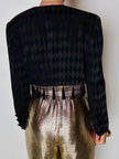 Spencer vintage Louis Féraud in tessuto jacquard nero operato a losanghe e nappine