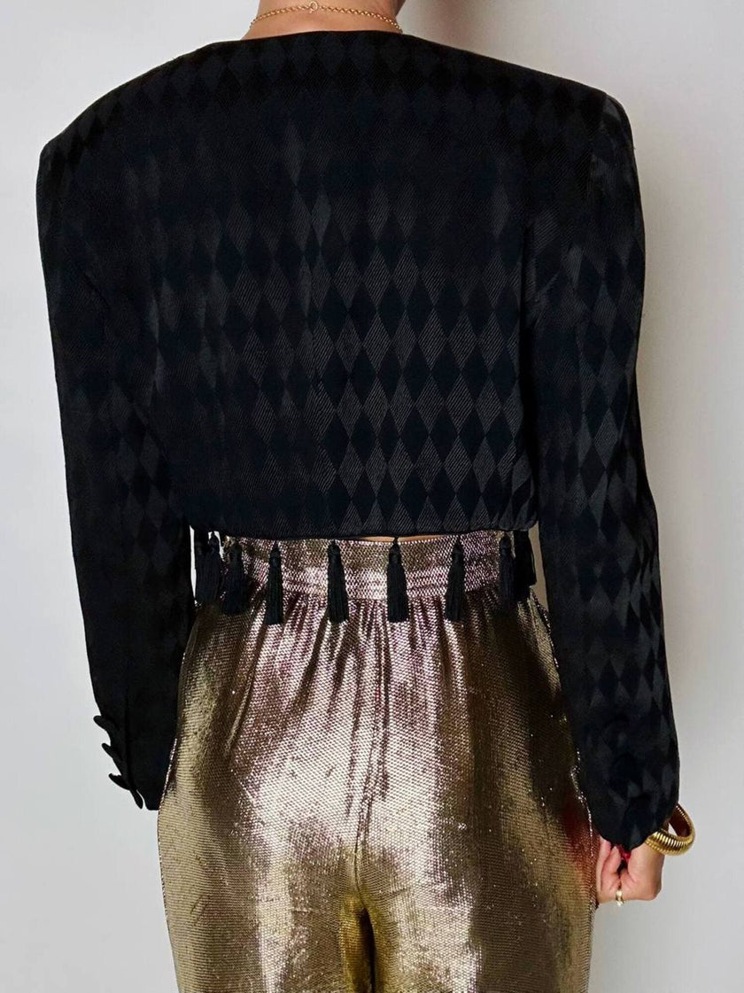 Spencer vintage Louis Féraud in tessuto jacquard nero operato a losanghe e nappine