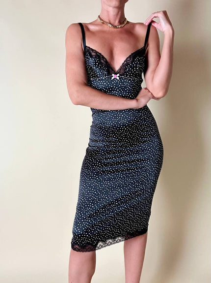 Tubino in raso elasticizzato nero a pois bianchi Dolce & Gabbana