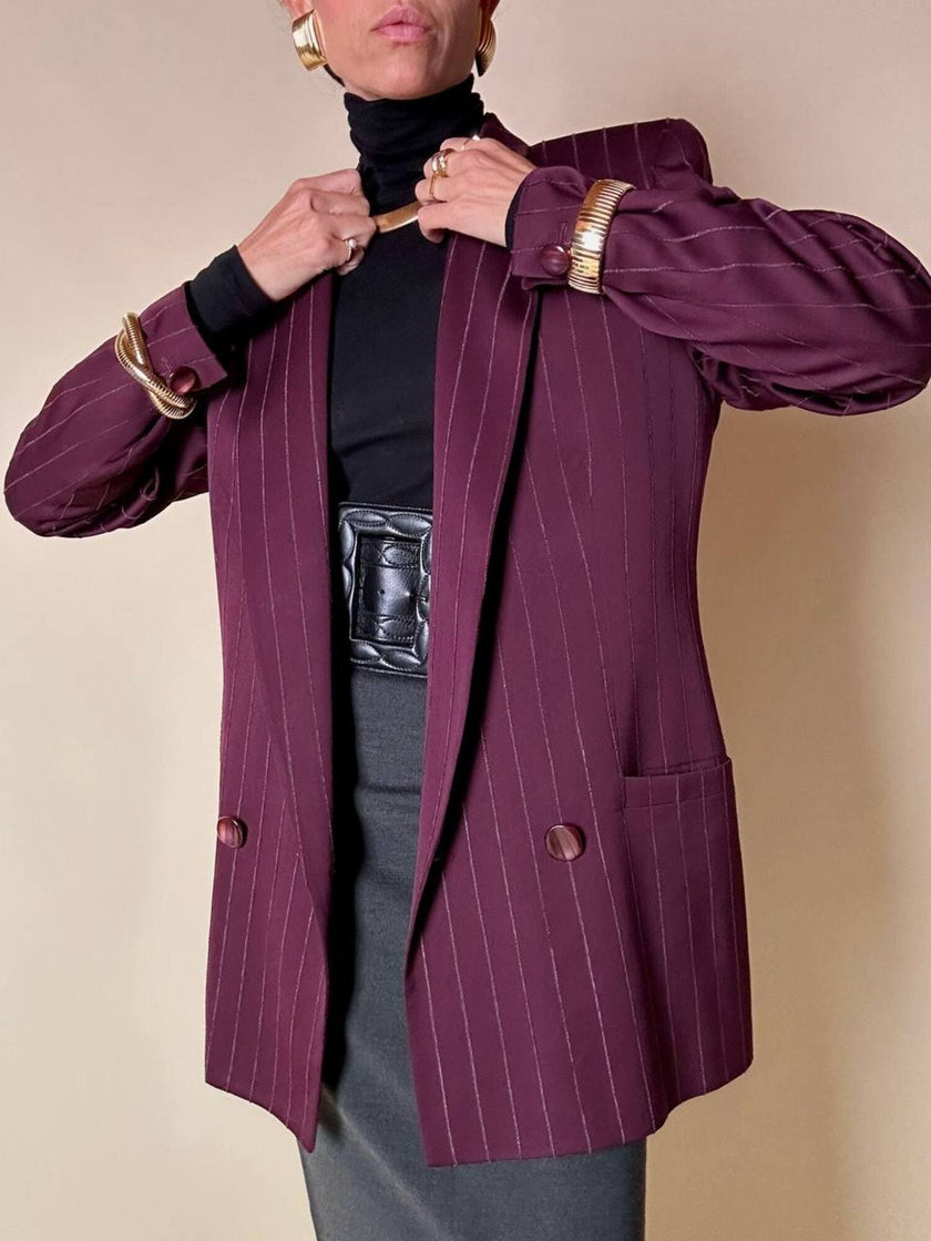 Blazer doppiopetto in rasato di lana gessato color burgundy “Gianni Versace”