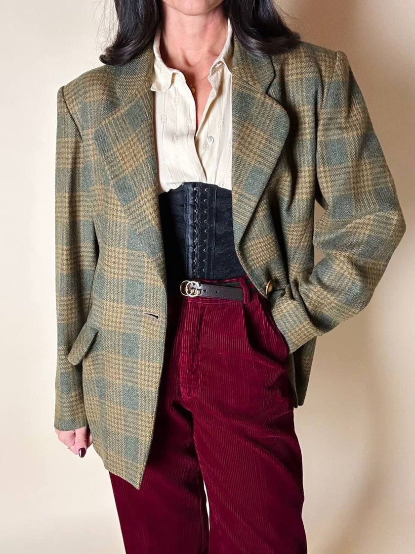 Blazer Yves Saint Laurent de lana con estampado de Príncipe de Gales verde y ocre