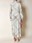 Abito Guy Laroche in crepe beige fantasia geometrica nera e azzurra