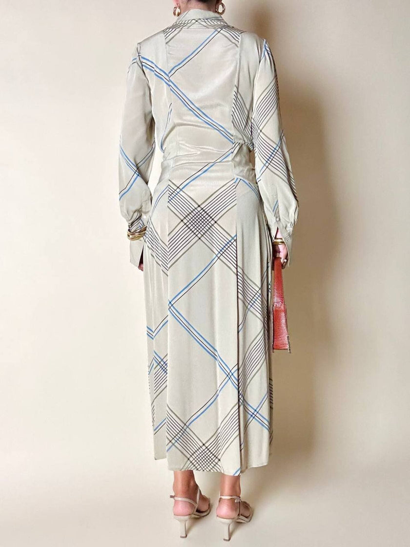 Abito Guy Laroche in crepe beige fantasia geometrica nera e azzurra