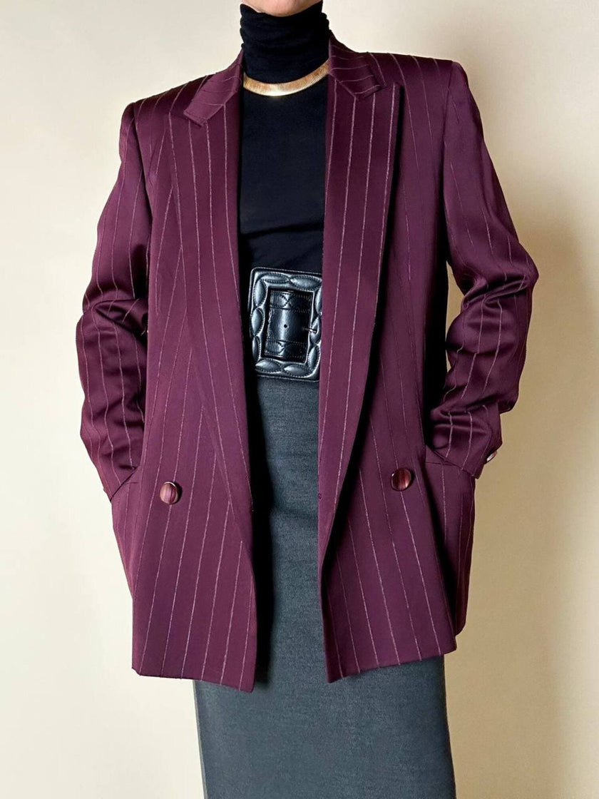 Blazer doppiopetto in rasato di lana gessato color burgundy “Gianni Versace”