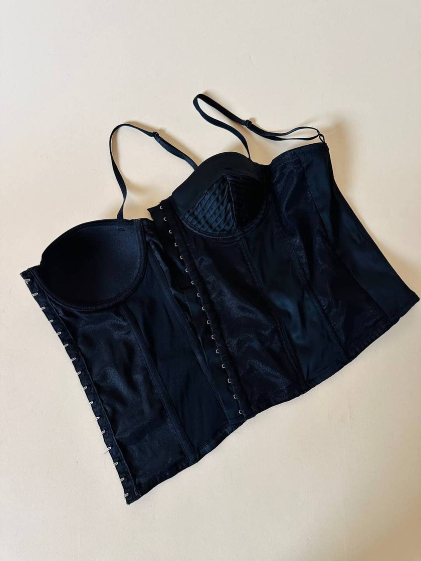 Schwarzes Satin-Bustier mit Tülleinsatz
