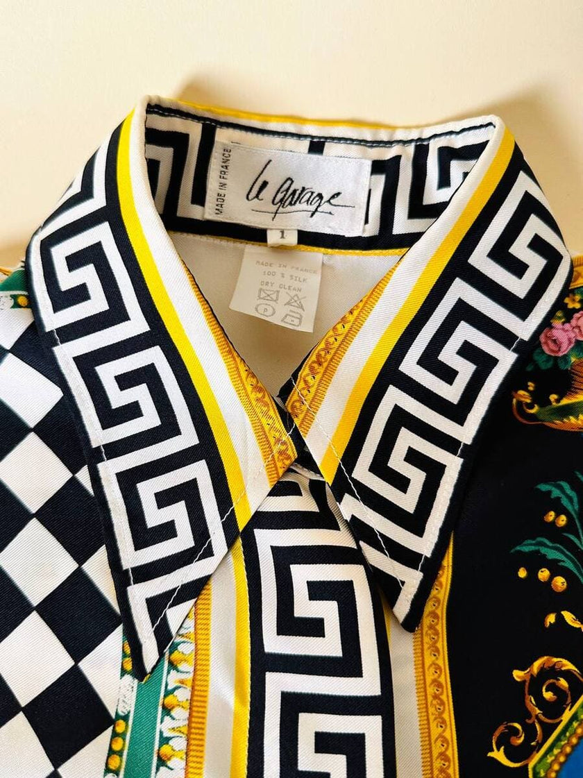 Camicia in drill di seta fantasia grottesca “Garage Paris”