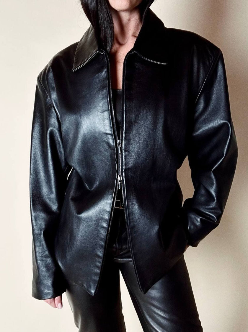 Giacca vintage in pelle nera con zip Michael Hoban North Beach Leather