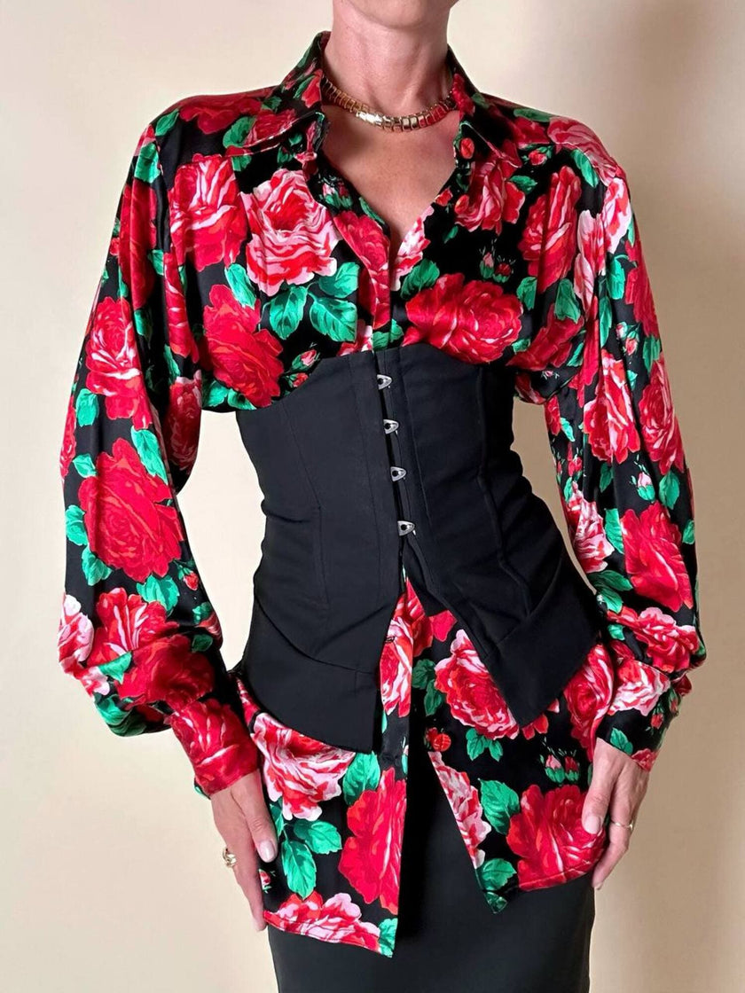 Camicia satroriale in raso di seta fantasia rose rosse