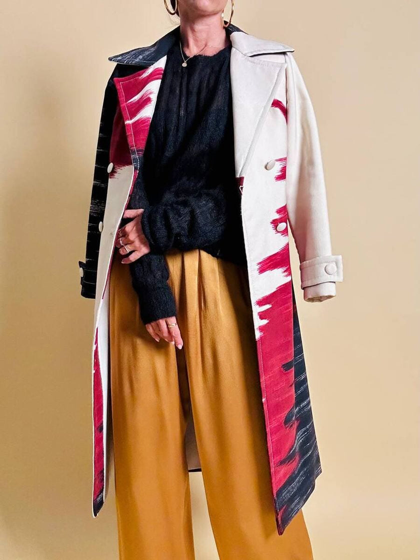 Cappotto redingote in lana fantasia astratta