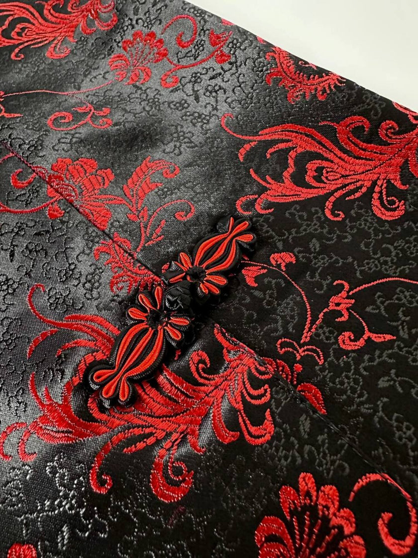 Gonna lunga a tubino in raso jacquard nero e rosso fantasia floreale