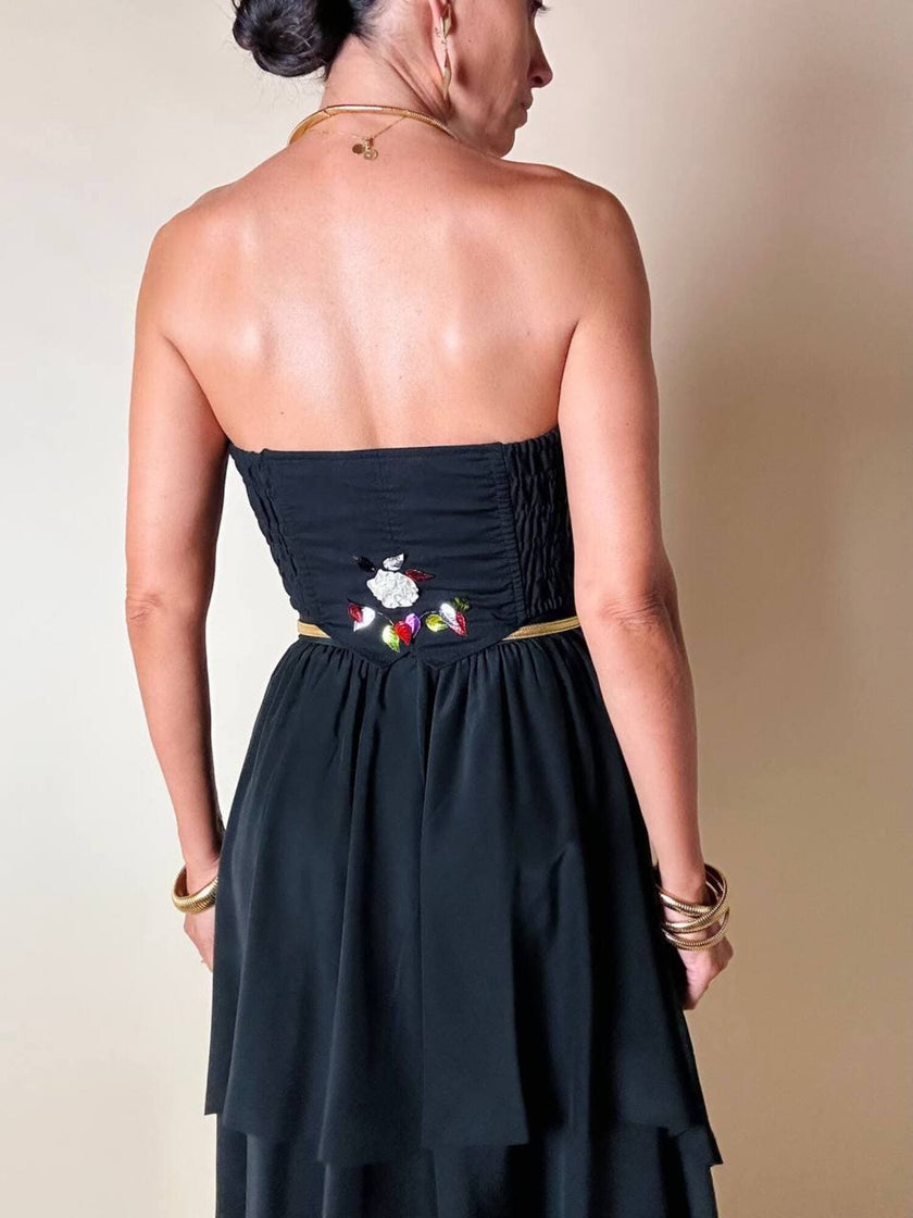 Bustier in cotone nero ricamato con fiori e paillettes e piccole coccarde multicolor “Giorgio Kauten”
