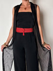 Gilet vintage lungo in rete nera con rever e spacchi laterali New Age