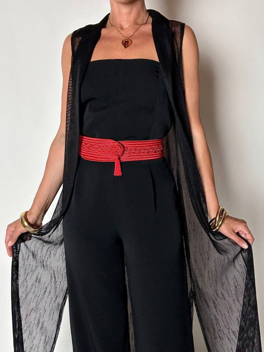 Gilet vintage lungo in rete nera con rever e spacchi laterali New Age