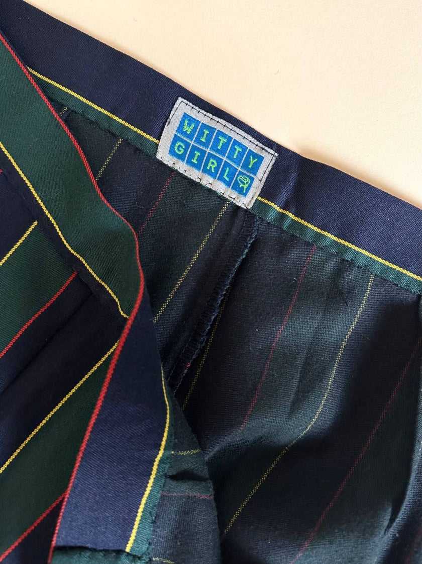 Witty Girl ensemble in bottle green and midnight blue vertical-striped wool jersey