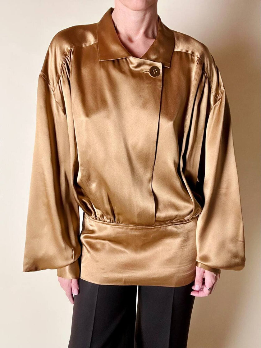 Blusa vintage Baila in seta bronzo con dettaglio gioiello nei polsi