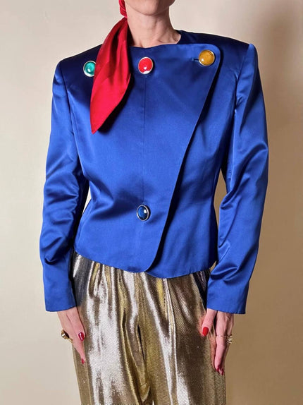 Giacca vintage Yves Saint Laurent in raso blu cobalto con bottoni gioiello multicolor