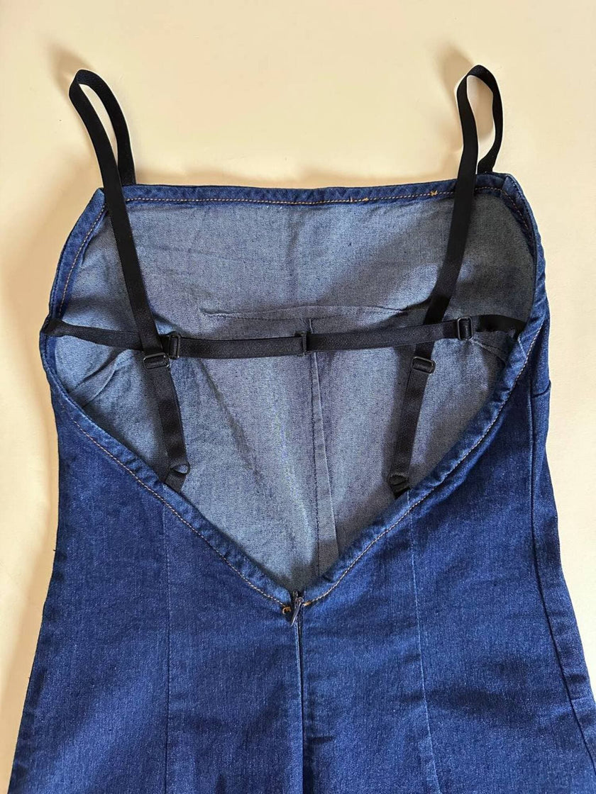 Mini abito D&G in denim blu scuro elasticizzato con scollo sulla schiena