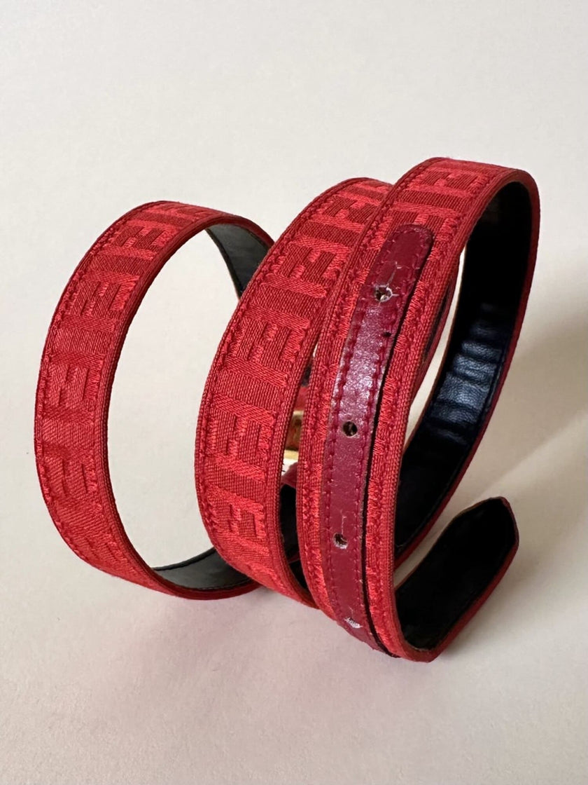 Cintura rossa in tessuto Jaquard con fibbia logo dorata “Fendi”