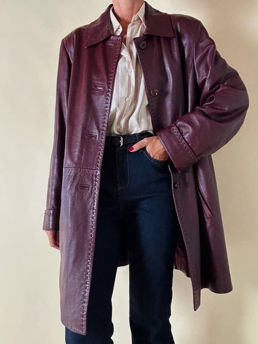 Giaccone svasato in pelle bordeaux “Allegra”