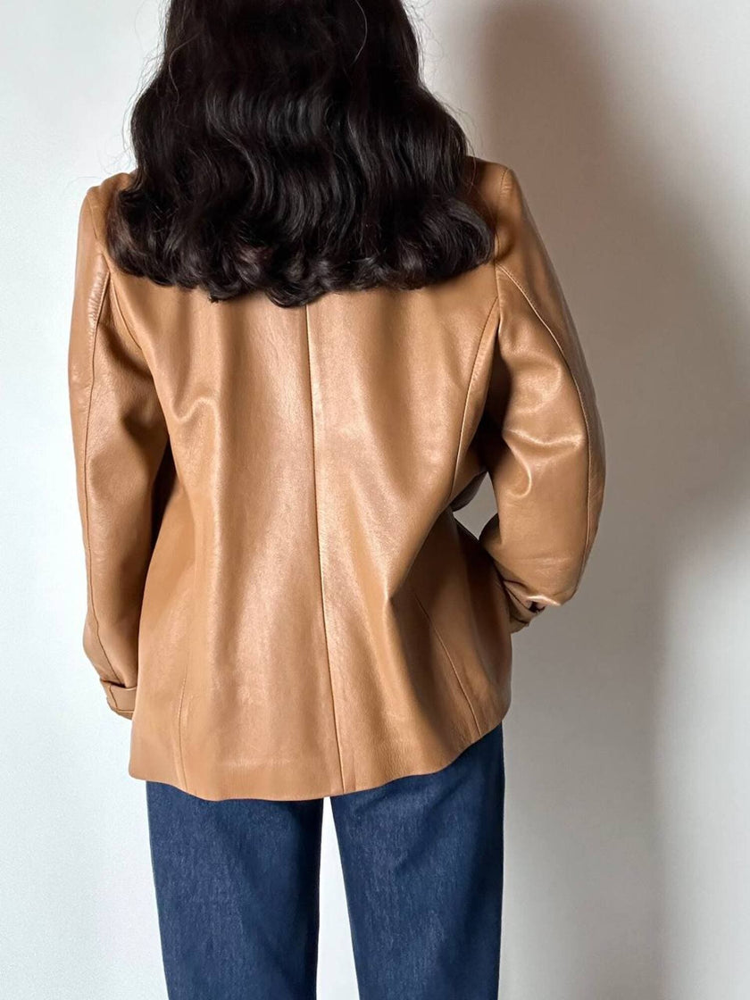 Vintage tan leather jacket with hand-stitched detailing by Claude Collections