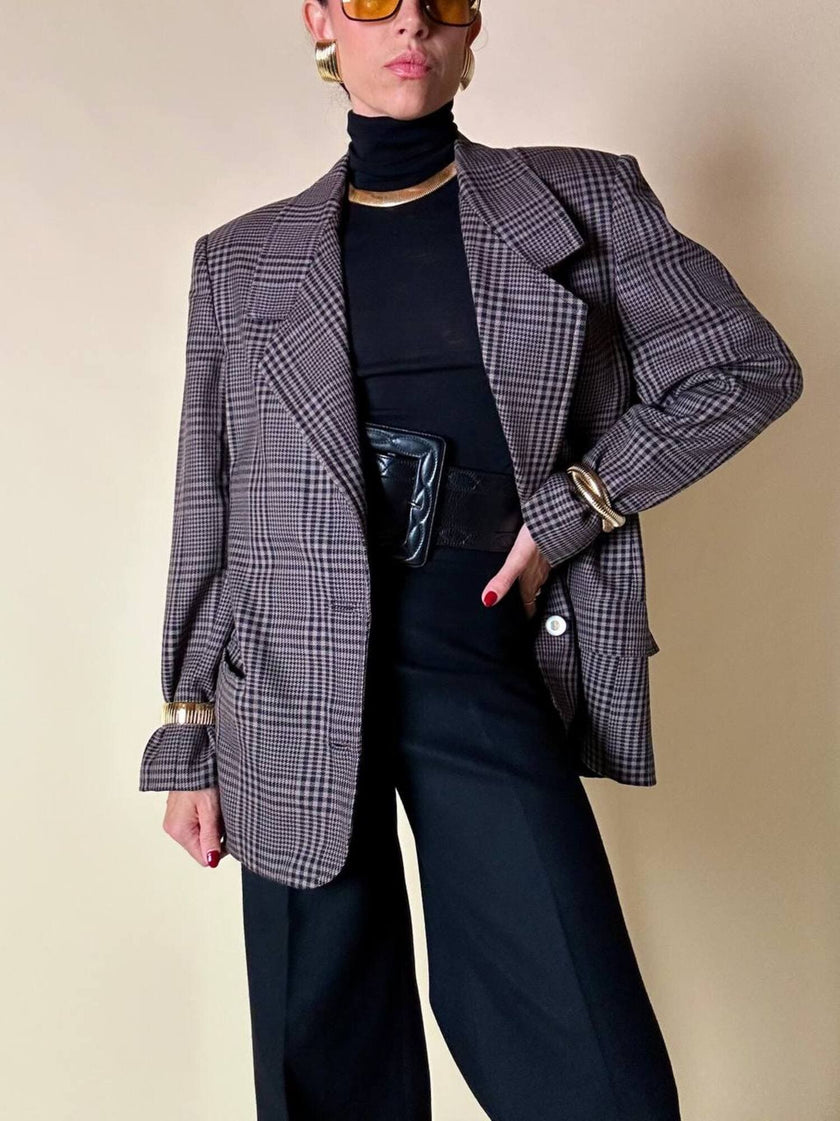 Blazer sartoriale in rasato di lana principe di Galles fango e nero