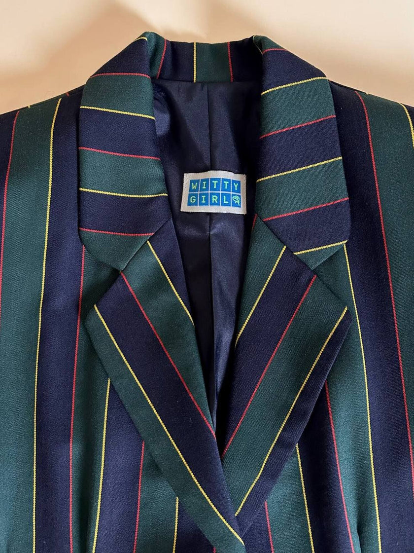 Witty Girl ensemble in bottle green and midnight blue vertical-striped wool jersey
