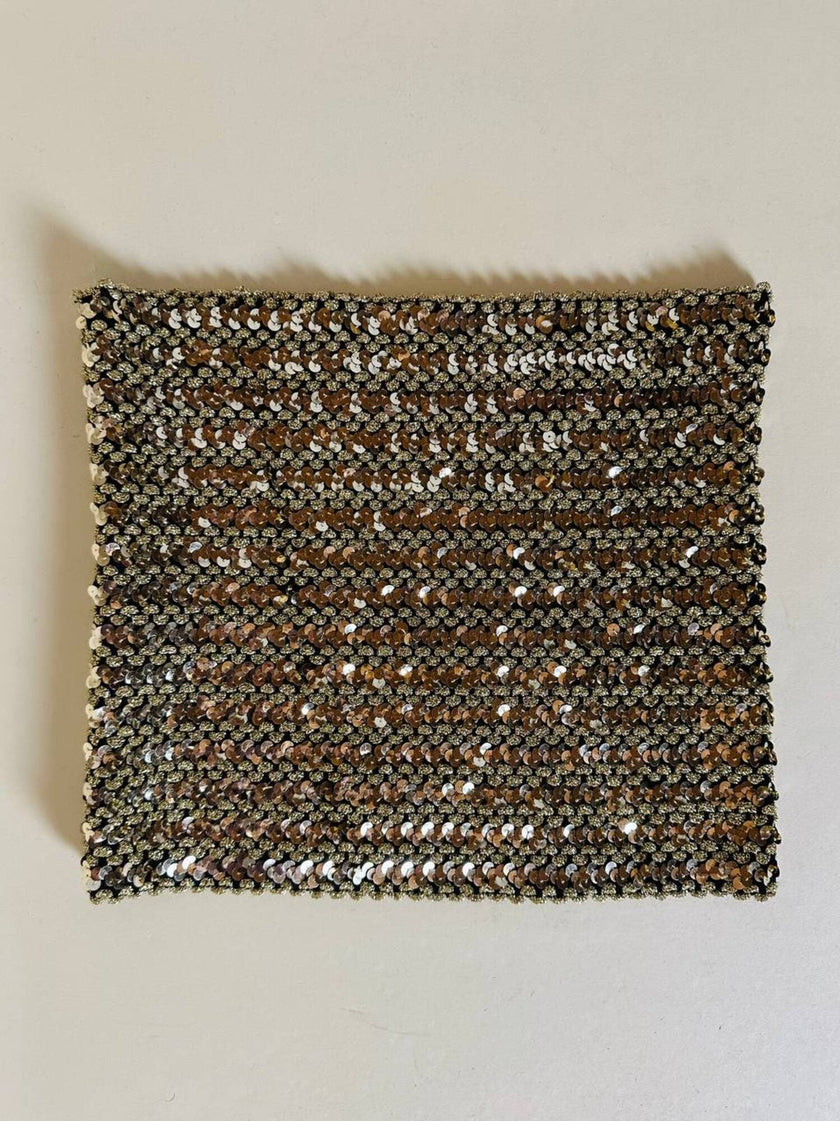 Top a fascia elasticizzato ricamato in paillettes e lurex oro