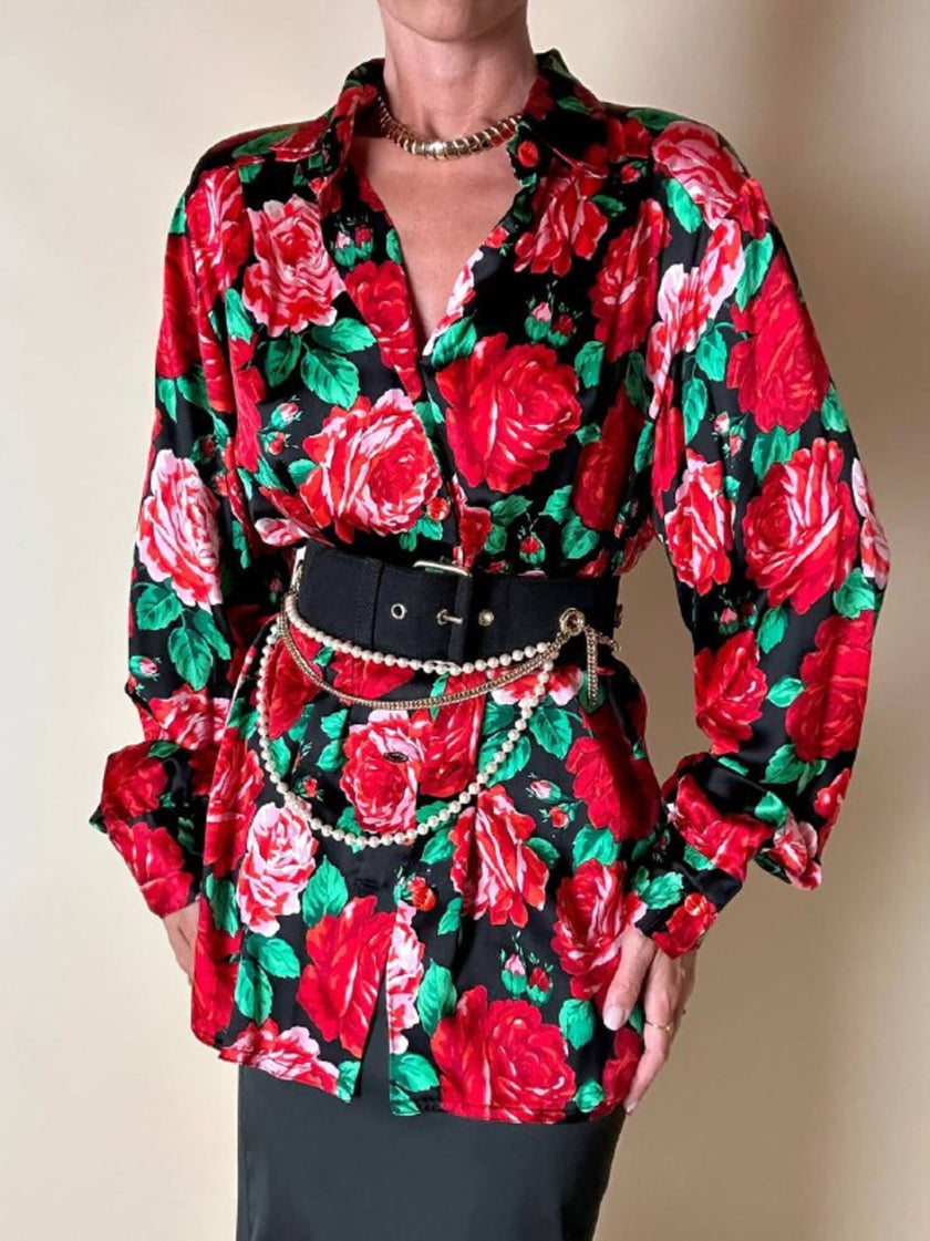 Camicia satroriale in raso di seta fantasia rose rosse