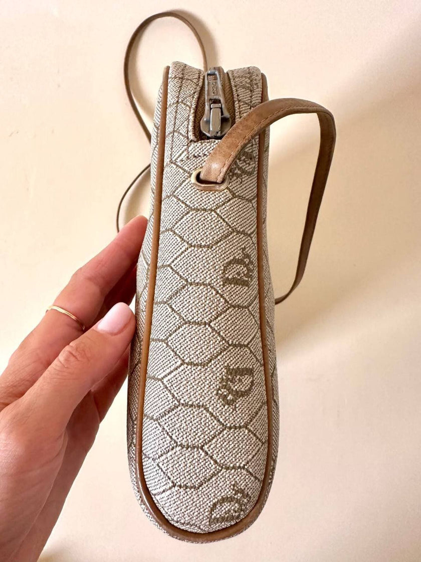 Borsa Christian Dior in tessuto jacquard logato beige con dettagli in pelle cuoio