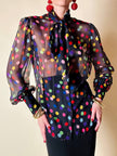 Camicia con fiocco in chiffon di seta nero a pois multicolor “D&G”