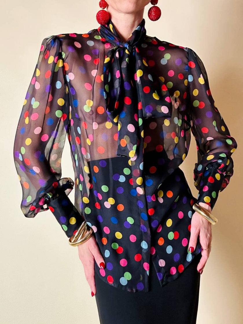 Camicia con fiocco in chiffon di seta nero a pois multicolor “D&G”