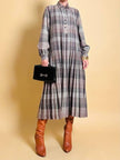 Maxi abito plissé in lana flanellata fantasia check