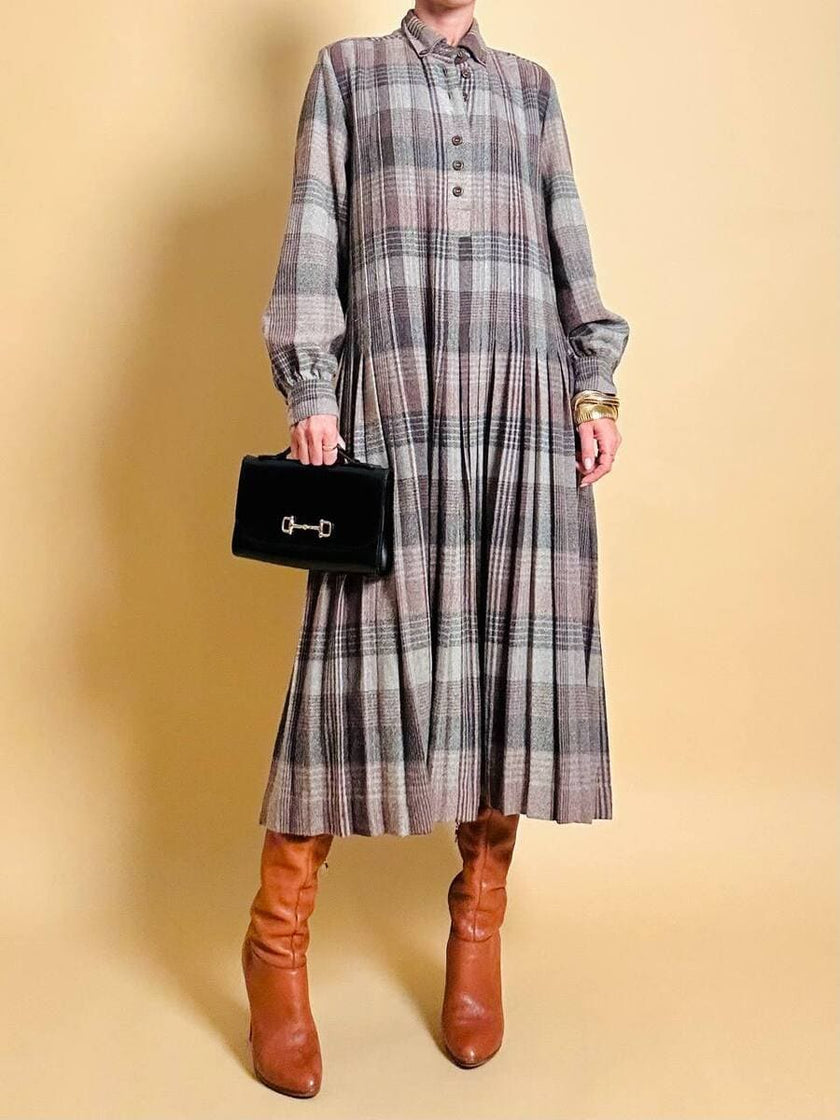 Maxi abito plissé in lana flanellata fantasia check