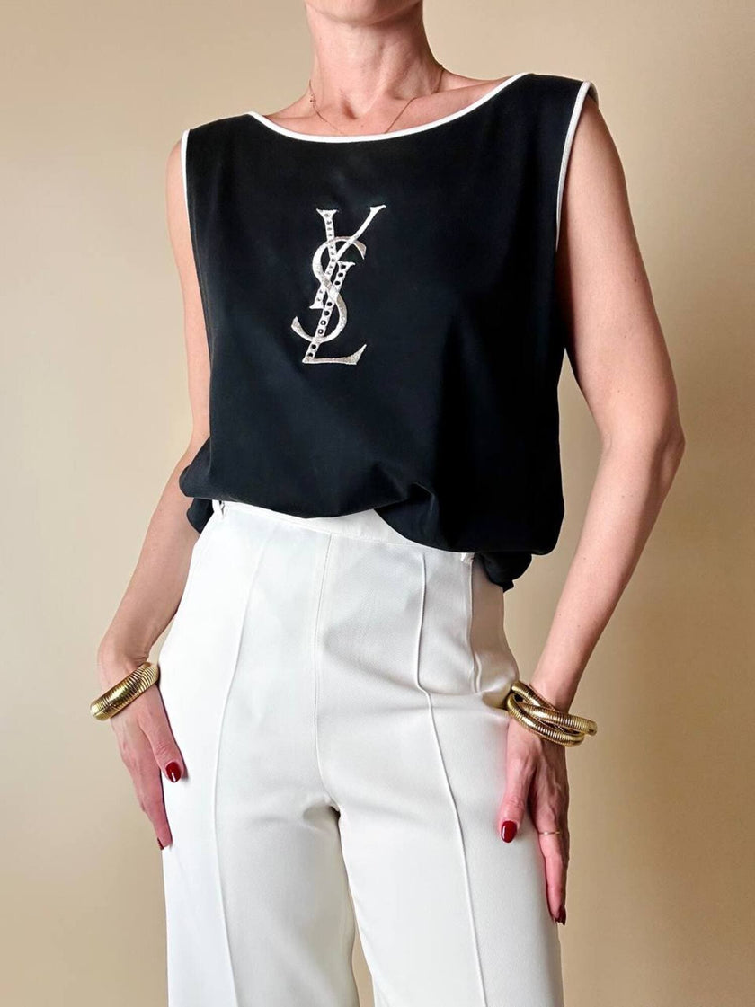 Canottiera in cotone nero con maxi logo ricamato “Yves Saint Laurent”