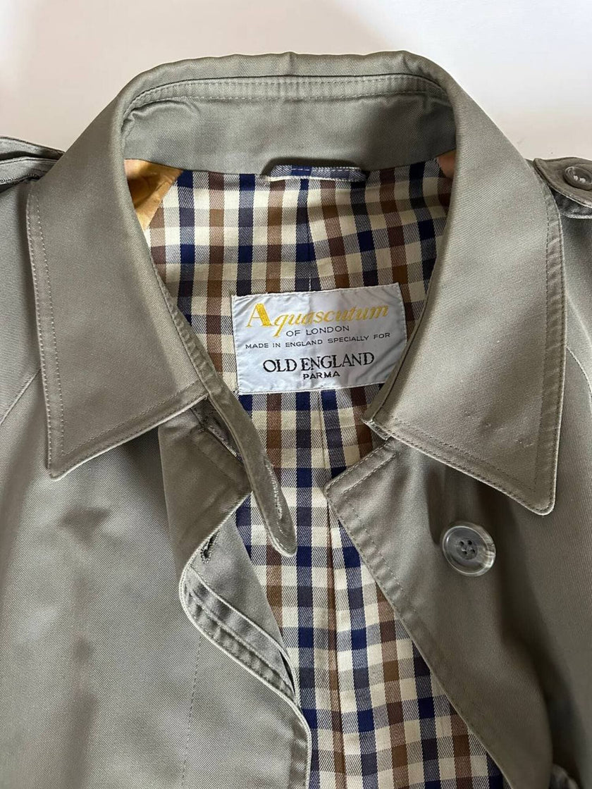 Vintage Aquascutum trench coat in khaki green gabardine with matching belt