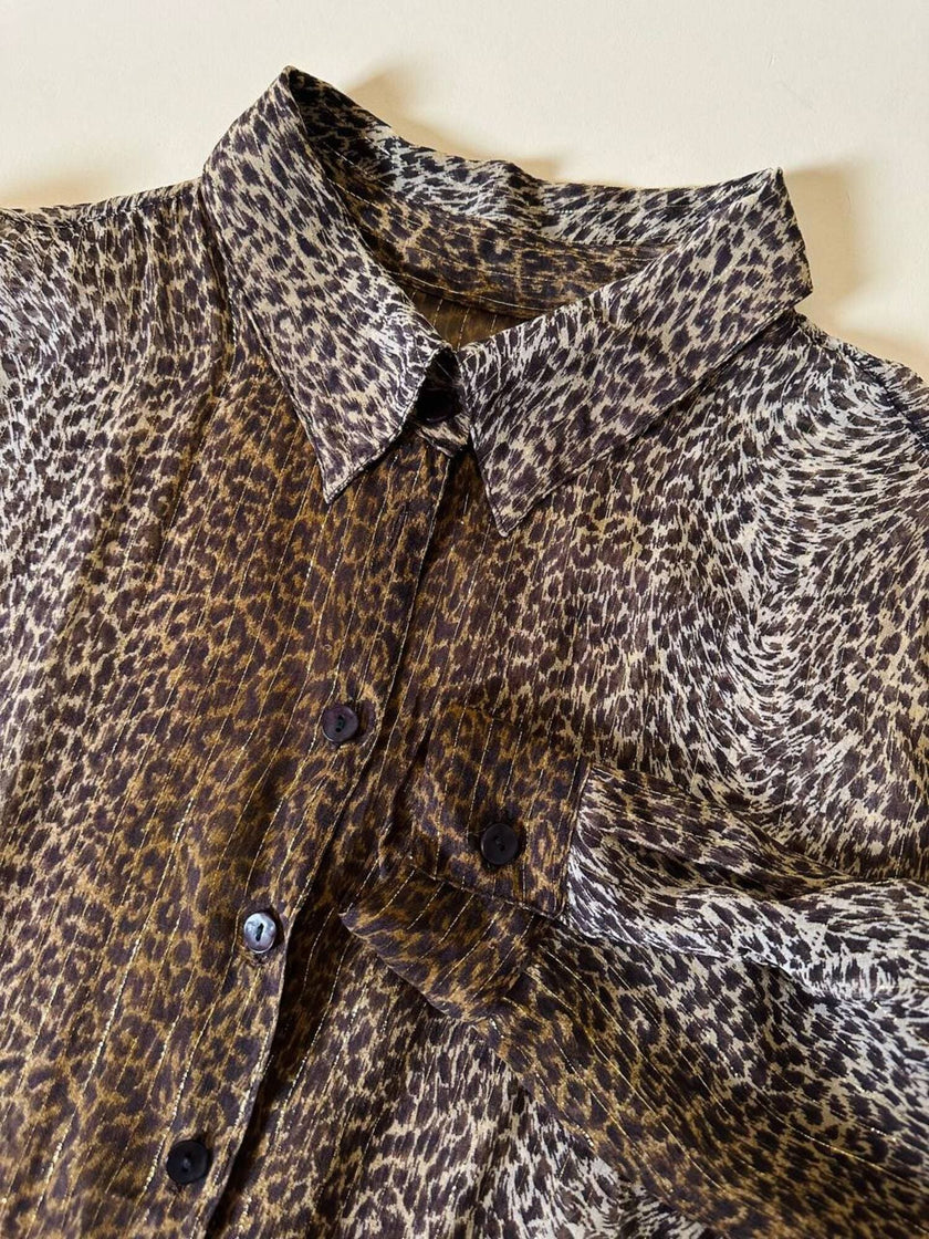 Camicia leopardata in chiffon operato con fili di lamè oro